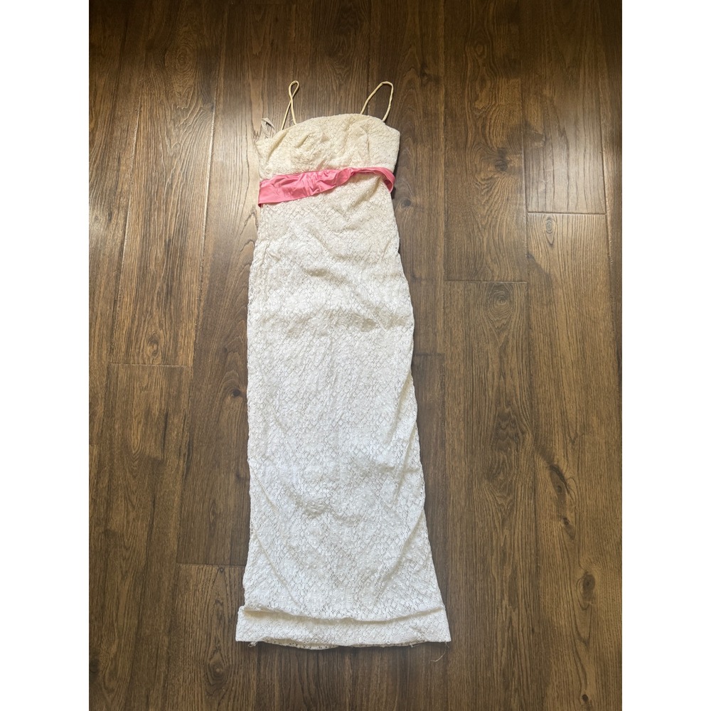 Vintage ILGWU White Lace Maxi Dress‎ Pink Sash Union Made Formal Gown Sleeveless